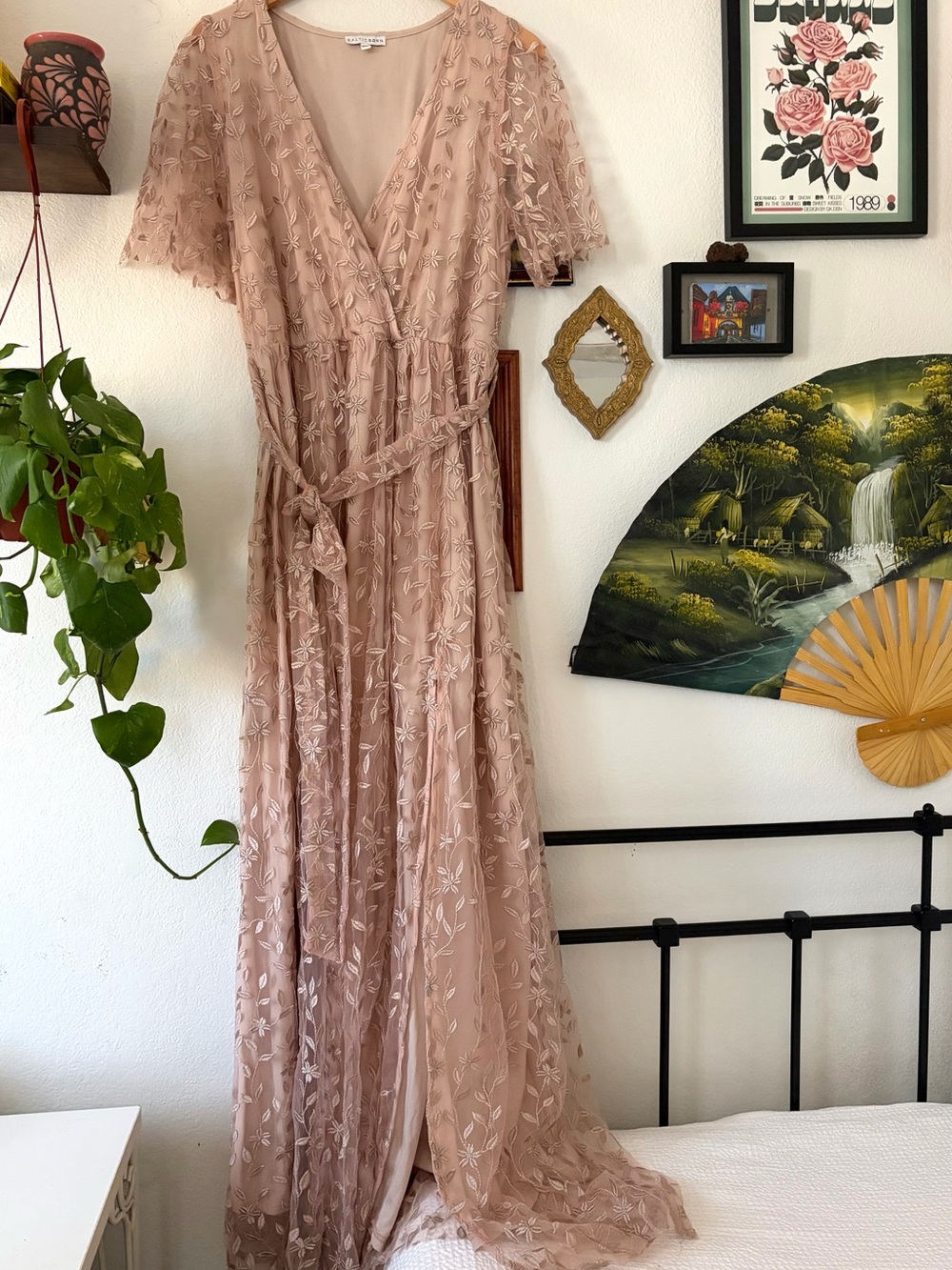 Boho Elegant Marseille Embossed Maxi Nude Rose Sheer Lace-Trim Dress - XXXL